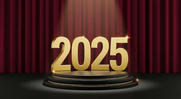 JPG 편집이미지 기념일 조명 이벤트 장식 빛 공연 금색 무대 스탠드 축하 커튼 중앙 스포트라이트 단상 시상식 2025년 이미지편집 AI컴퓨터그래픽 AI콘텐츠 컬러 컨셉 연도 파일형식