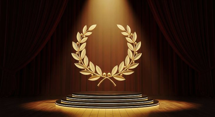 JPG 나무 편집이미지 상징 조명 장식 금색 무대 커튼 수상_상을받음 분위기 고급 스포트라이트 단상 시상식 월계관 이미지편집 AI컴퓨터그래픽 AI콘텐츠 식물 컬러 컨셉 파일형식