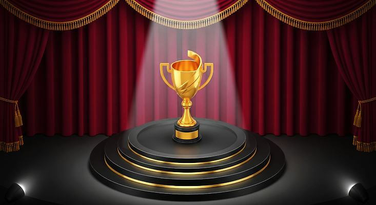 JPG 편집이미지 조명 기념 이벤트 축제 공연 금색 무대 우승 커튼 센터 수상_상을받음 트로피 스포트라이트 단상 시상식 이미지편집 AI컴퓨터그래픽 AI콘텐츠 컬러 최고 상_우승 파일형식