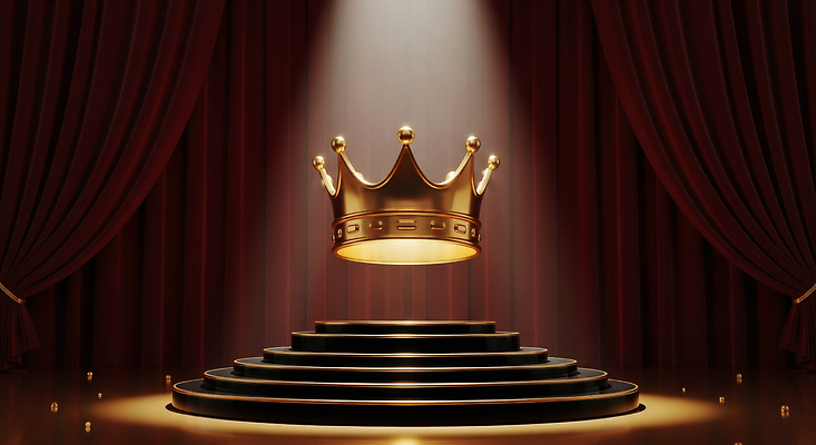 JPG 편집이미지 패션 예술 상징 왕관 조명 공연 금색 무대 커튼 고급 중앙 스포트라이트 단상 뷰티풀 시상식 이미지편집 AI컴퓨터그래픽 AI콘텐츠 컬러 컨셉 이벤트 파일형식