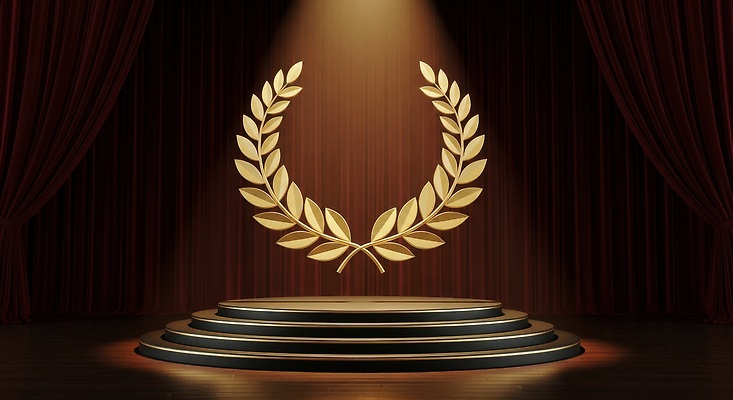 JPG 편집이미지 상징 성공 조명 기념 이벤트 장식 금색 무대 커튼 우아함 작품 스포트라이트 단상 시상식 월계수 이미지편집 AI컴퓨터그래픽 AI콘텐츠 컬러 컨셉 미술 파일형식