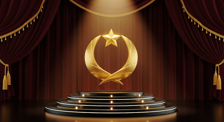 JPG 편집이미지 디자인 별 예술 조명 이벤트 세트 공연 금색 무대 커튼 분위기 공연장 준비 스포트라이트 단상 시상식 월계수 테마 이미지편집 AI컴퓨터그래픽 AI콘텐츠 자연요소 컬러 컨셉 극장 파일형식