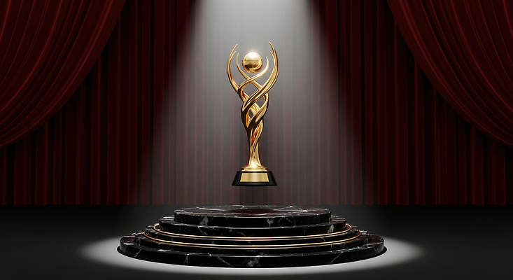 JPG 편집이미지 조명 기념 이벤트 빛 무대 축하 커튼 결과 기념비 트로피 스포트라이트 영광 단상 시상식 이미지편집 AI컴퓨터그래픽 AI콘텐츠 감정 컨셉 상_우승 파일형식