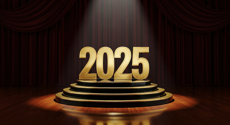 JPG 편집이미지 디자인 조명 기념 풍경 이벤트 조형물 숫자 축제 공간 금색 무대 커튼 스포트라이트 단상 시상식 특별함 2025년 이미지편집 AI컴퓨터그래픽 AI콘텐츠 문자 컬러 컨셉 미술 연도 파일형식