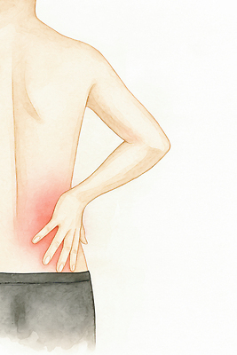 JPG 손 남자 포즈 신체 일러스트 근육 건강 피곤 관리 일상 생활 치료 운동 스트레칭 고통 허리 요통 허리통증 인대 국내일러스트 AI일러스트 AI콘텐츠 감정 컨셉 의학 사람 라이프 신체부위 파일형식