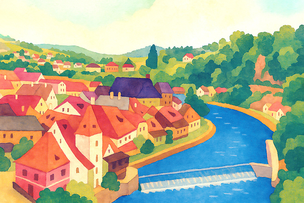 JPG 전통 유럽 예술 컬러 일러스트 자연 하늘 풍경 건물 물 강 평화 마을 숲 언덕 그림 조용 유럽여행 뷰티풀 국내일러스트 AI일러스트 AI콘텐츠 자연요소 건축물 나라 해외여행 컨셉 생태계 파일형식