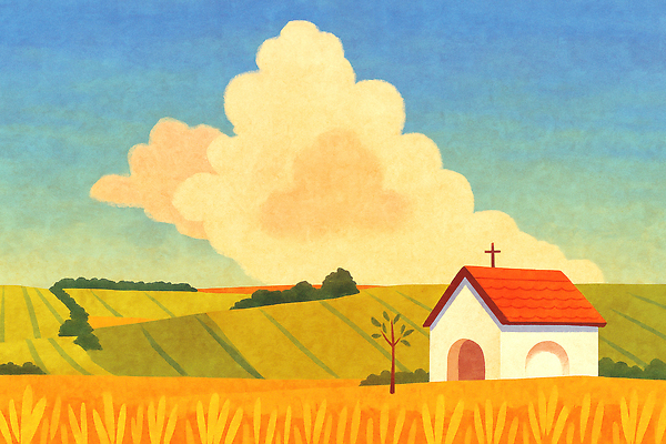 JPG 나무 건축물 유럽 일러스트 자연 하늘 풍경 초원 초록색 파란색 교회 평화 고요 시골 분위기 언덕 예배 유럽여행 밀밭 오후 국내일러스트 AI일러스트 AI콘텐츠 식물 건축 나라 컬러 해외여행 컨셉 밭 종교건축 건물 밀 생태계 파일형식