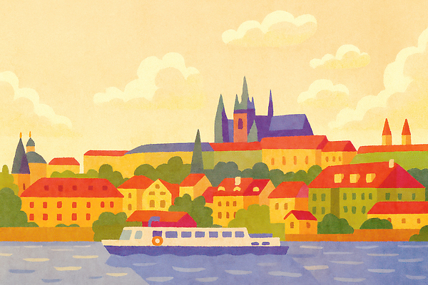 JPG 건축 유럽 문화 여행 일러스트 자연 하늘 풍경 건물 강 햇빛 도시 보트 수면 역사 프라하 유럽여행 뷰티풀 오후 국내일러스트 AI일러스트 AI콘텐츠 건축물 나라 해외여행 배_교통 물 태양 생태계 체코 파일형식