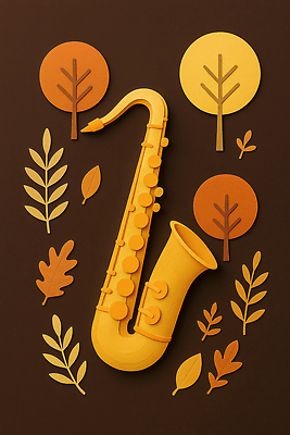 JPG 나무 편집이미지 디자인 예술 악기 음악 백그라운드 잎 자연 장식 갈색 노란색 가을 색소폰 생동감 창의성 이미지편집 AI컴퓨터그래픽 AI콘텐츠 식물 계절 컬러 문화예술 목관악기 생태계 파일형식