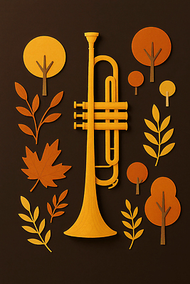 JPG 나무 편집이미지 예술 백그라운드 자연 나뭇잎 따뜻함 장식 갈색 금색 가을 분위기 그림 트럼펫 조화 창의성 이미지편집 AI컴퓨터그래픽 AI콘텐츠 식물 계절 컬러 컨셉 잎 금관악기 생태계 파일형식