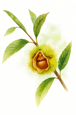 JPG 나무 식물 전통 열매 꽃 컬러 잎 농업 일러스트 자연 생명 가지 풍경 수확 성장 생태계 밤나무 뷰티풀 국내일러스트 AI일러스트 AI콘텐츠 산업 채소 밤_견과류 파일형식