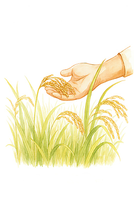 JPG 식물 손 계절 농업 일러스트 자연 논 풍경 초록색 농작물 환경 농사 수확 성장 쌀 농부 수확철 국내일러스트 AI일러스트 AI콘텐츠 직업 산업 컬러 곡류 신체부위 생태계 파일형식