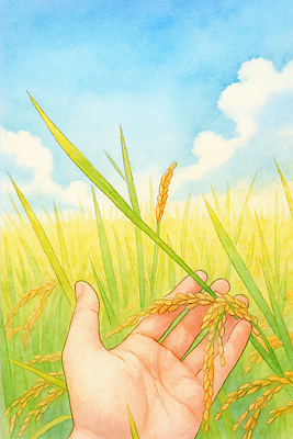 JPG 식물 손 농업 일러스트 자연 하늘 생명 논 옥수수 풍경 그래픽 초록색 여름 농작물 금색 수확 성장 쌀 그림 풍요 국내일러스트 AI일러스트 AI콘텐츠 계절 산업 컬러 컨셉 곡류 신체부위 생태계 파일형식