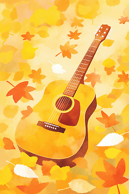 JPG 행복 여유 예술 음악 컬러 낙엽 일러스트 자연 창조 풍경 노란색 주황색 가을 기타 고독 통기타 감성 그라데이션 하모니 국내일러스트 AI일러스트 AI콘텐츠 계절 감정 컨셉 잎 노래 현악기 문화예술 생태계 파일형식