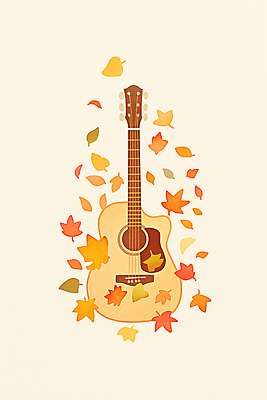 JPG 모양 디자인 예술 음악 컬러 낙엽 잎 패턴 일러스트 자연 풍경 소리 가을 기타 분위기 통기타 편안함 감성 조화 창작 국내일러스트 AI일러스트 AI콘텐츠 식물 계절 컨셉 무늬 현악기 문화예술 감각 생태계 파일형식