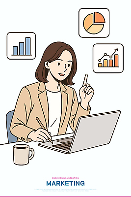 여자 커피 일러스트 비즈니스 회의 그래프 협력 아이디어 실험 노트북 사무실 자료 업무 발표 집중 분석 전략 소통 마케팅 서류판 국내일러스트 AI파일 음료 컨셉 사람 전자제품 사무용품 작업 파일형식 벡터