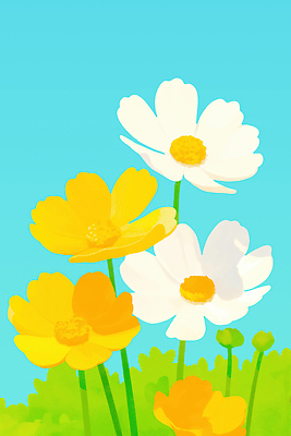 JPG 식물 공원 꽃잎 꽃 컬러 일러스트 자연 하늘 생명 풍경 초록색 파란색 햇빛 노란색 정원 봄 들꽃 흰색 코스모스 원예 뷰티풀 국내일러스트 AI일러스트 AI콘텐츠 계절 공공시설 취미 태양 생태계 파일형식