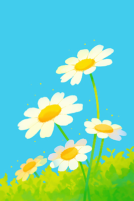 JPG 식물 꽃 줄기 컬러 백그라운드 잎 일러스트 자연 하늘 밝음 풍경 초원 여름 노란색 감상 흰색 분위기 코스모스 뷰티풀 생동감 국내일러스트 AI일러스트 AI콘텐츠 계절 컨셉 생태계 파일형식