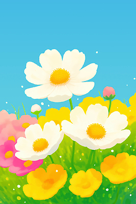 JPG 식물 꽃 화초 컬러 꽃밭 일러스트 자연 하늘 생명 풍경 햇빛 정원 봄 신선 즐거움 코스모스 원예 화사함 뷰티풀 국내일러스트 AI일러스트 AI콘텐츠 계절 감정 컨셉 취미 태양 생태계 파일형식