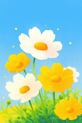 JPG 식물 계절 꽃 화초 꽃밭 일러스트 자연 생명 잔디 햇빛 노란색 환경 맑음 흰색 코스모스 원예 뷰티풀 국내일러스트 AI일러스트 AI콘텐츠 컬러 날씨 취미 태양 생태계 파일형식