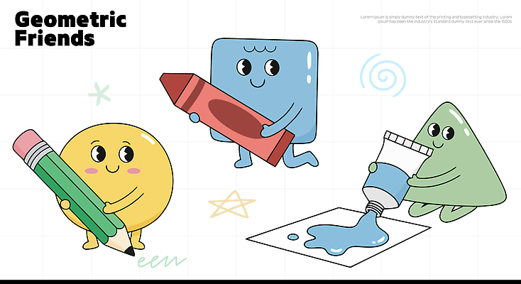 도형 캐릭터 디자인 어린이 컬러 일러스트 모션 색연필 미술 초록색 파란색 노란색 물감 도구 그리기 즐거움 그림 크레파스 기하학 창의력 일러캐릭터 AI파일 감정 무늬 문화예술 학용품 사람 미술도구 파일형식 벡터