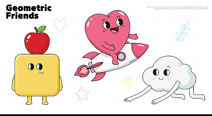 도형 캐릭터 디자인 행복 어린이 컬러 일러스트 모션 놀이 친구 우주 사각형 로켓 도전 하트 표현 즐거움 기하학 상상력 일러캐릭터 AI파일 모양 감정 무늬 관계 사람 파일형식 벡터