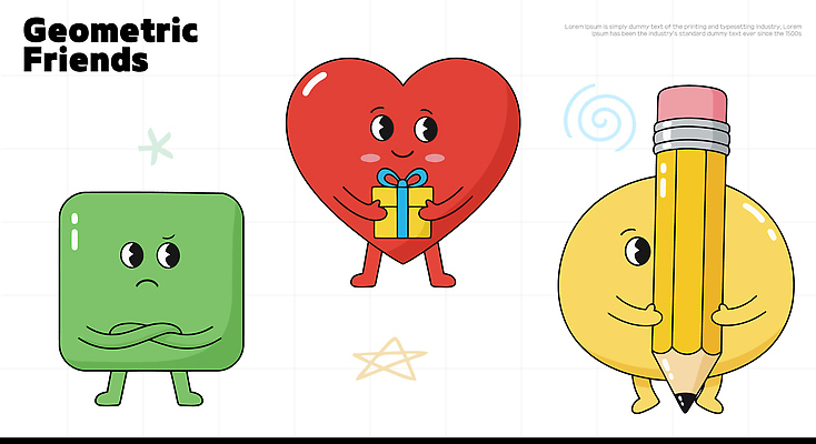 모양 도형 캐릭터 디자인 감정 컬러 일러스트 선물 웃음 그래픽 친구 연필 사각형 하트 표현 즐거움 그림 기하학 일러캐릭터 AI파일 무늬 관계 학용품 표정 필기구 파일형식 벡터