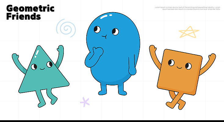 도형 캐릭터 디자인 어린이 컬러 일러스트 놀이 형상 친구 컬러풀 유치원 자유 즐거움 심플 기하학 상상력 창의성 동심 일러캐릭터 AI파일 교육 감정 컨셉 무늬 관계 사람 파일형식 벡터