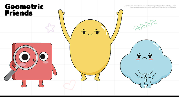 도형 캐릭터 디자인 감정 컬러 일러스트 놀이 표정 웃음 빨간색 파란색 노란색 사각형 원형 유머 즐거움 기하학 일러캐릭터 AI파일 무늬 파일형식 벡터