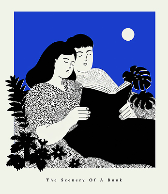 PSD 식물 캐릭터 여유 예술 컬러 일러스트 밤하늘 날씨 휴식 사랑 풍경 두명 책 독서 평화 달 분위기 그림 소통 창의력 국내일러스트 자연요소 감정 컨셉 하늘 사람 야간 파일형식