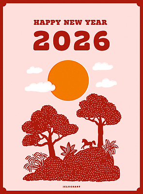 나무 동물 행복 여유 일러스트 자연 하늘 새해 따뜻함 풍경 빛 제주도 평화 일출 환경 축제 기쁨 2026년 국내일러스트 병오년 붉은말 AI파일 식물 감정 컨셉 한국 노을 말_동물 연도 생태계 파일형식 벡터