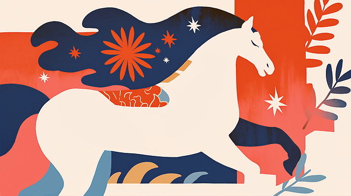 JPG 모양 동물 디자인 예술 상징 컬러 백그라운드 일러스트 모션 그래픽 걷기 전시 흰색 표현 말_게임 뷰티풀 창의성 스타일 국내일러스트 병오년 붉은말 AI일러스트 AI콘텐츠 말_동물 파일형식 2026년