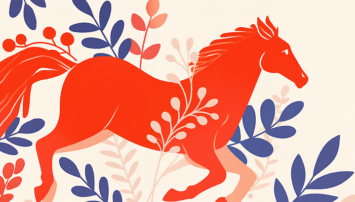 JPG 식물 디자인 예술 컬러 패턴 일러스트 자연 생명 풍경 장식 빨간색 파란색 활발 표현 말_게임 그림 뷰티풀 국내일러스트 병오년 붉은말 AI일러스트 AI콘텐츠 컨셉 무늬 말_동물 생태계 파일형식 2026년