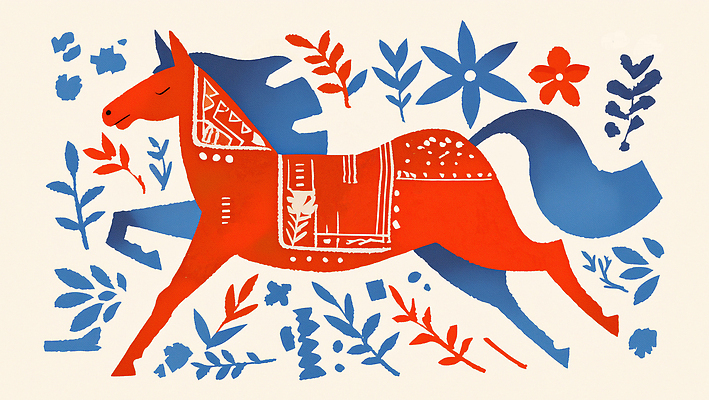 JPG 식물 전통 디자인 꽃 예술 백그라운드 일러스트 자연 협력 풍경 초원 그래픽 빨간색 파란색 운동 표현 말_게임 색감 생동감 창의성 국내일러스트 병오년 붉은말 AI일러스트 AI콘텐츠 컬러 건강 말_동물 생태계 파일형식 2026년