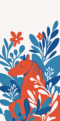 JPG 식물 동물 디자인 꽃 예술 컬러 잎 일러스트 자연 휴식 빨간색 초록색 파란색 평화 말_게임 편안함 그림 화사함 뷰티풀 국내일러스트 병오년 붉은말 AI일러스트 AI콘텐츠 컨셉 말_동물 감각 생태계 파일형식 2026년