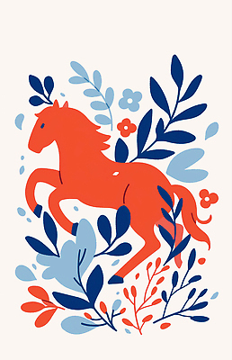 JPG 식물 동물 디자인 꽃 예술 상징 컬러 백그라운드 일러스트 자연 초록색 파란색 달리기 운동 활발 표현 말_게임 뷰티풀 국내일러스트 병오년 붉은말 AI일러스트 AI콘텐츠 컨셉 모션 건강 말_동물 생태계 파일형식 2026년