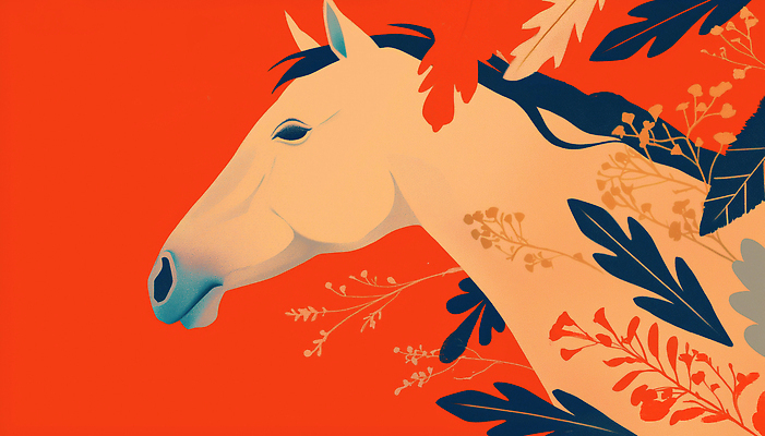 JPG 모양 식물 동물 디자인 꽃 예술 선 컬러 백그라운드 일러스트 자연 생명 옆모습 그래픽 주황색 표현 말_게임 조화 뷰티풀 창의성 국내일러스트 병오년 붉은말 AI일러스트 AI콘텐츠 뷰포인트 말_동물 생태계 파일형식 2026년