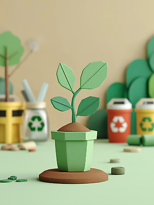 JPG 식물 편집이미지 종이 재료 자연 초록색 환경 재활용 쓰레기통 페이퍼아트 보호 공예 창의력 편집3D AI컴퓨터그래픽 AI콘텐츠 컬러 컨셉 취미 3D 친환경 생태계 파일형식