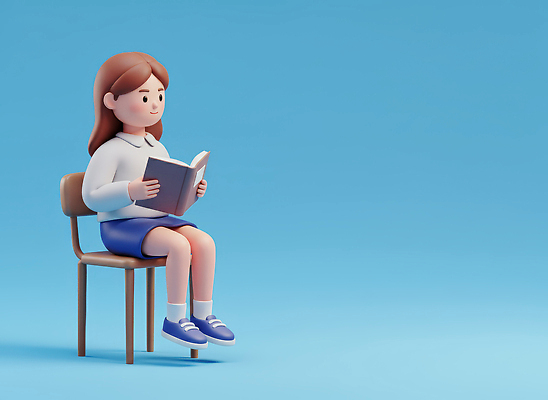 JPG 편집이미지 캐릭터 어린이 의자 모션 소녀 책 독서 시간 편안함 집중 즐거움 파란배경 나무의자 뷰티풀 편집3D AI컴퓨터그래픽 AI콘텐츠 여자 감정 가구 백그라운드 컨셉 사람 목재 파란색 3D 감각 파일형식