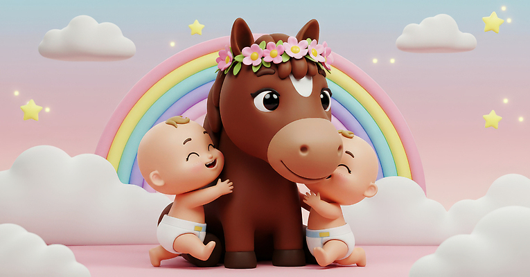 JPG 편집이미지 캐릭터 컬러 무지개 포옹 놀이 함께함 친구 귀여움 아기 말_게임 즐거움 장면 환상 편집3D AI컴퓨터그래픽 AI콘텐츠 자연요소 감정 컨셉 관계 안기 사람 3D 파일형식