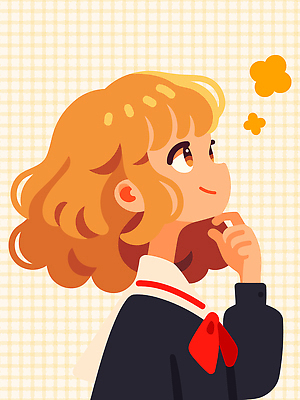 캐릭터 학생 감정 리본 어린이 백그라운드 생각 일러스트 설계 아이디어 소녀 노란색 머리 파마 호기심 단순화된 창의성 국내일러스트 AI파일 헤어스타일 여자 컬러 컨셉 사람 신체부위 파일형식 벡터