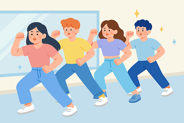 일러스트 모션 청소년 협력 건강 웃음 친구 스트레칭 활발 에너지 춤 그룹 즐거움 땀 연습실 케이팝 한류 국내일러스트 AI파일 감정 문화 음악 컨셉 관계 문화예술 표정 사람 운동 파일형식 벡터