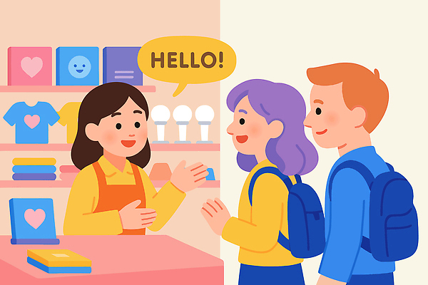 일러스트 친절 표정 대화 친구 쇼핑 판매 상점 만남 체험 고객 즐거움 오브젝트 서비스 판매원 소통 반응 의사소통 케이팝 한류 상호작용 국내일러스트 AI파일 직업 감정 문화 음악 컨셉 관계 말하기 파일형식 벡터