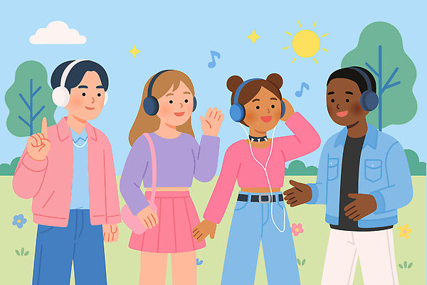 공원 감정 음악 일러스트 모션 자연 놀이 날씨 대화 웃음 풍경 손짓 취미 친구 청춘 햇빛 헤드폰 시간 즐거움 소통 케이팝 한류 국내일러스트 AI파일 공공시설 문화 음향기기 컨셉 관계 문화예술 표정 말하기 태양 생태계 파일형식 벡터