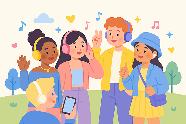 공원 패션 행복 여유 음악 컬러 일러스트 모션 청소년 자연 대화 미소 야외 헤드폰 그룹 즐거움 소통 케이팝 한류 스타일 국내일러스트 AI파일 공공시설 감정 문화 음향기기 컨셉 문화예술 표정 말하기 사람 생태계 파일형식 벡터