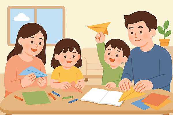 거실 일러스트 가족 모션 놀이 성공 주택 함께함 실내 부모 집중 종이비행기 즐거움 크레파스 만들기 색종이 DIY 창의력 창작 국내일러스트 AI파일 감정 종이 컨셉 관계 학용품 취미 내부 건물 종이접기 파일형식 벡터