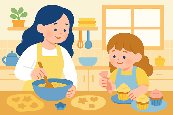 딸 행복 어린이 일러스트 재료 가정 가족 모션 모녀 엄마 함께함 요리 장식 쿠키 주방 시간 컵케이크 즐거움 반죽 레시피 Baking 국내일러스트 AI파일 감정 컨셉 관계 디저트 사람 케이크 파일형식 벡터