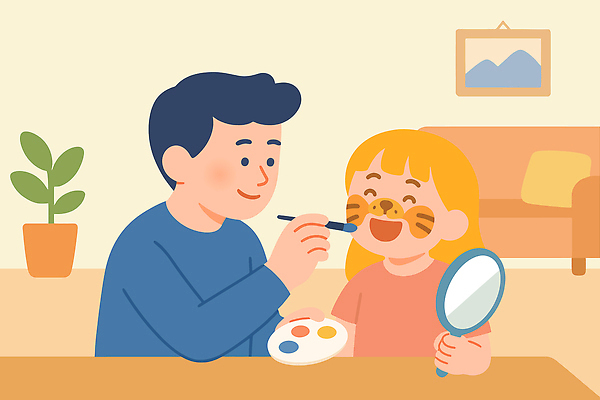 딸 행복 어린이 일러스트 가족 모션 놀이 실내 사랑 웃음 부모 거울 자녀 시간 아빠 즐거움 그림 페이스페인팅 국내일러스트 AI파일 감정 관계 표정 사람 내부 파일형식 벡터