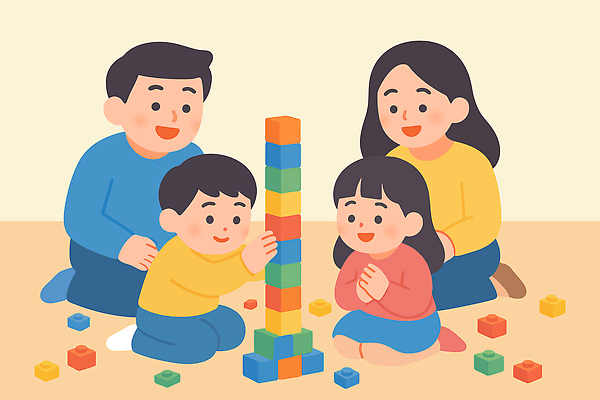 교육 행복 어린이 컬러 일러스트 가족 모션 놀이 주택 함께함 실내 웃음 성인 친구 쌓기 블록 모임 시간 즐거움 상상력 창의력 국내일러스트 AI파일 감정 컨셉 관계 표정 사람 내부 건물 파일형식 벡터