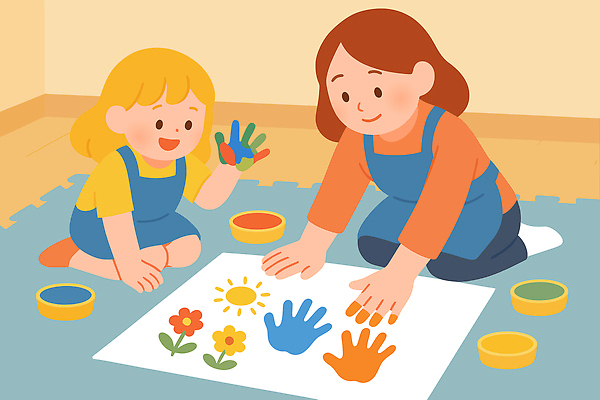 교육 행복 종이 어린이 예술 컬러 일러스트 가족 모션 놀이 엄마 함께함 미술 웃음 기쁨 아기 시간 색칠 그림 손자국 창의력 국내일러스트 AI파일 감정 컨셉 관계 자국 문화예술 표정 사람 파일형식 벡터